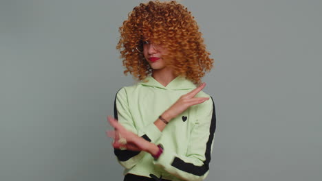 confused upset teenager child girl pointing fingers herself rejection refusal problem stop sign