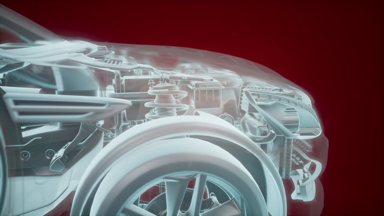 엔진이 있는 3d 와이어프레임 자동차 모델의 홀로그래픽 애니메이션