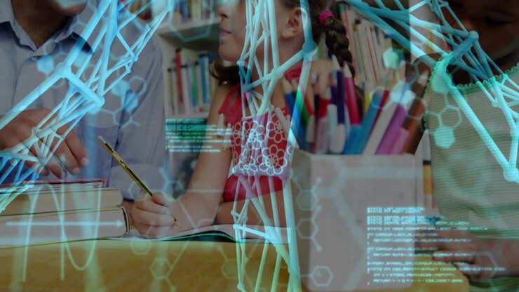 Student touching desk triggers molecular overlay while drawing notes with teacher guiding
