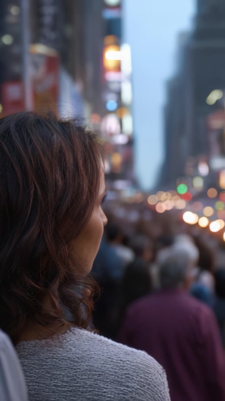 A Contemplative Moment in a Crowded Urban Environment: Capturing the Essence of City Life Through the Eyes of a Woman in a Bustling Scene
