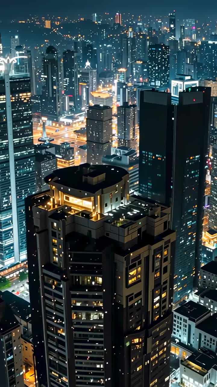 Vertical video: Opening shot showing skyscraper at night with lit windows and passing traffic