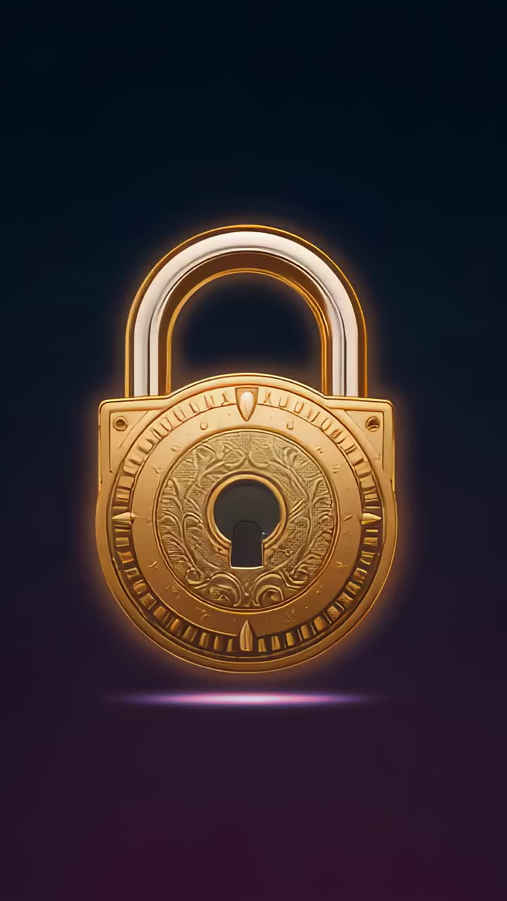 Vertical video: Looping ornate gold padlock rotating in studio, showing engraved face, purple halo