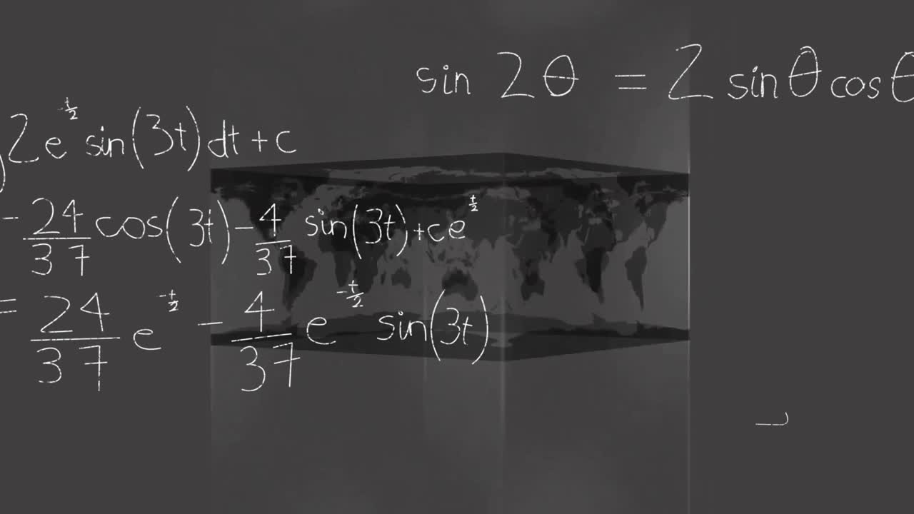 Animation af matematisk databehandling over verdenskort på grå baggrund