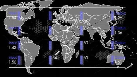 Animation-of-digital-data-processing-and-world-map-over-black-background