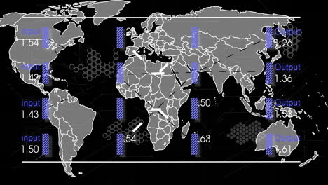 animación del procesamiento de datos digitales y mapa del mundo sobre fondo negro