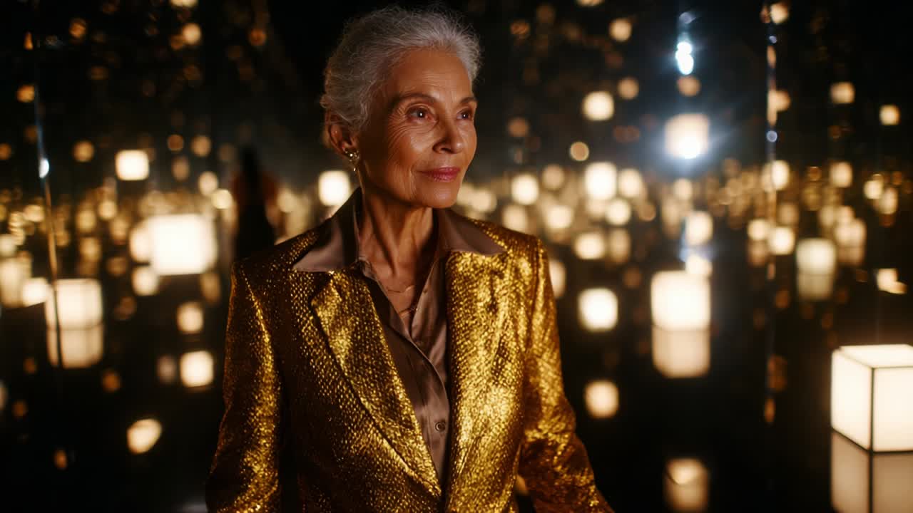 An Elegant Woman in a Shimmering Golden Suit Poses Amidst a Dreamlike Environment of Softly Glowing Lanterns, Reflecting Grace and Timeless Beauty in a Stunning Visual Display