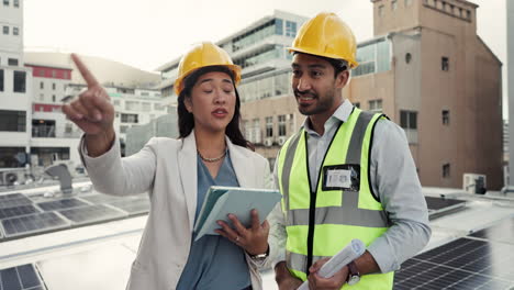 people, architect and tablet pointing on rooftop