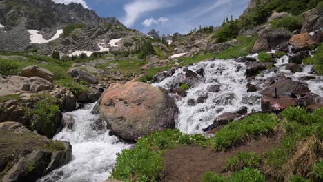 snow melt stream running through the rocky mountains during the day, static