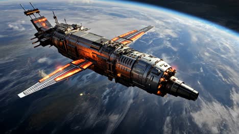 spaceship orbiting earth at sunrise showcasing intricate design details