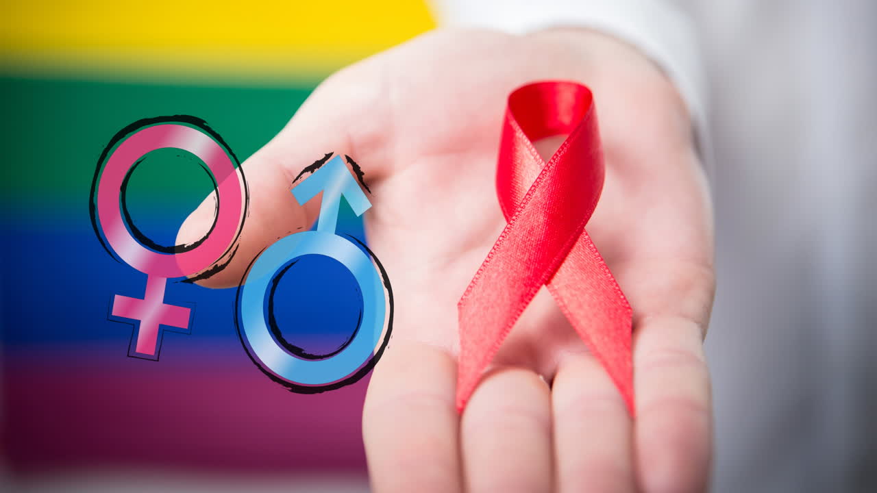 animación de símbolos femeninos y masculinos sobre la mano de un hombre caucásico con cinta