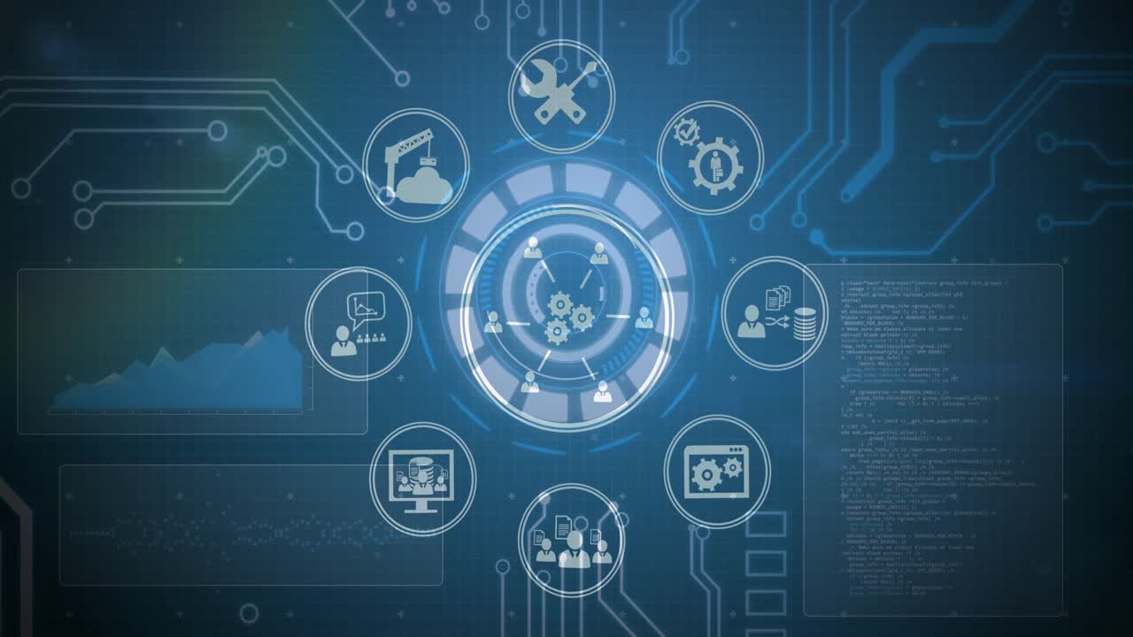 Animation of tech icons and motherboard on blue digital screen