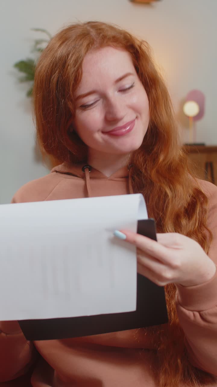 Woman accountant working with financial graph documents reading reports of income on sofa at home