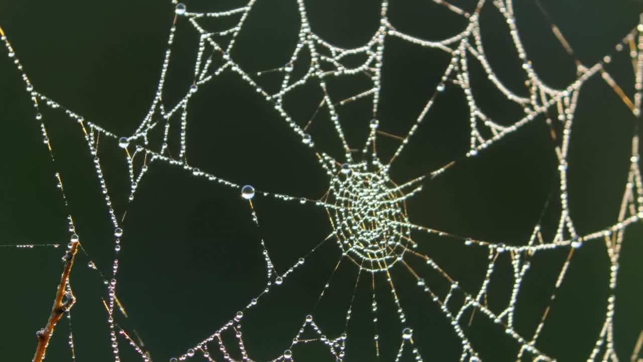 A remarkable spider web captures morning light, adorned with glistening droplets of dew.