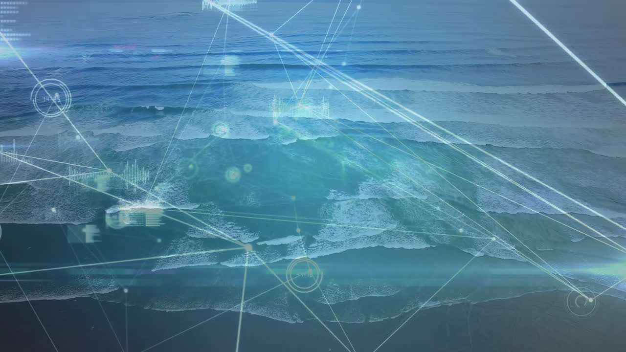 Digital network connections and data processing animation over ocean waves
