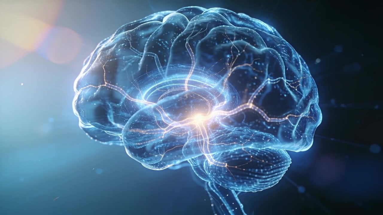 Rotating holographic brain in dark digital studio reacting to left lens flare, pulsing pathways