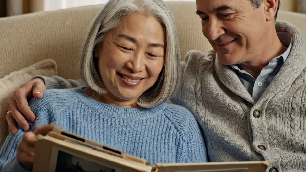 Older couple looking at a photo album
