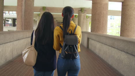 vista trasera de dos jóvenes amigas caminando juntas por el centro barbican en la ciudad de londres