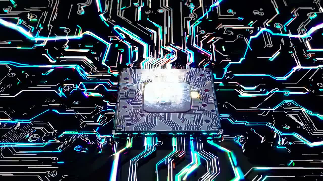 Aerial view of a glowing microchip on a circuit board, highlighting futuristic technology