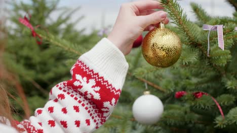 Frau-Schmückt-Draußen-Den-Weihnachtsbaum