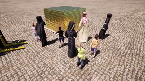 padres de familia árabe con hijos cerca de barras de oro. poligamia. 4k
