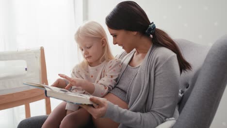 Mujer-Caucásica-En-Embarazo-Avanzado-Leyendo-Un-Libro-Con-Su-Hija-De-Primaria.