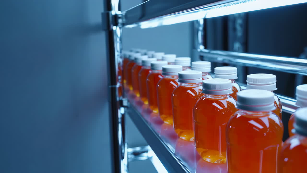 Bottled Juice on Refrigerator Shelves