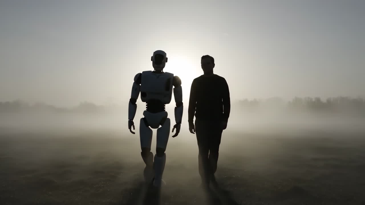 Human and Robot Silhouettes Walking Together in a Misty Field at Sunrise