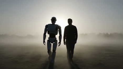 human and robot silhouettes walking together in a misty field at sunrise