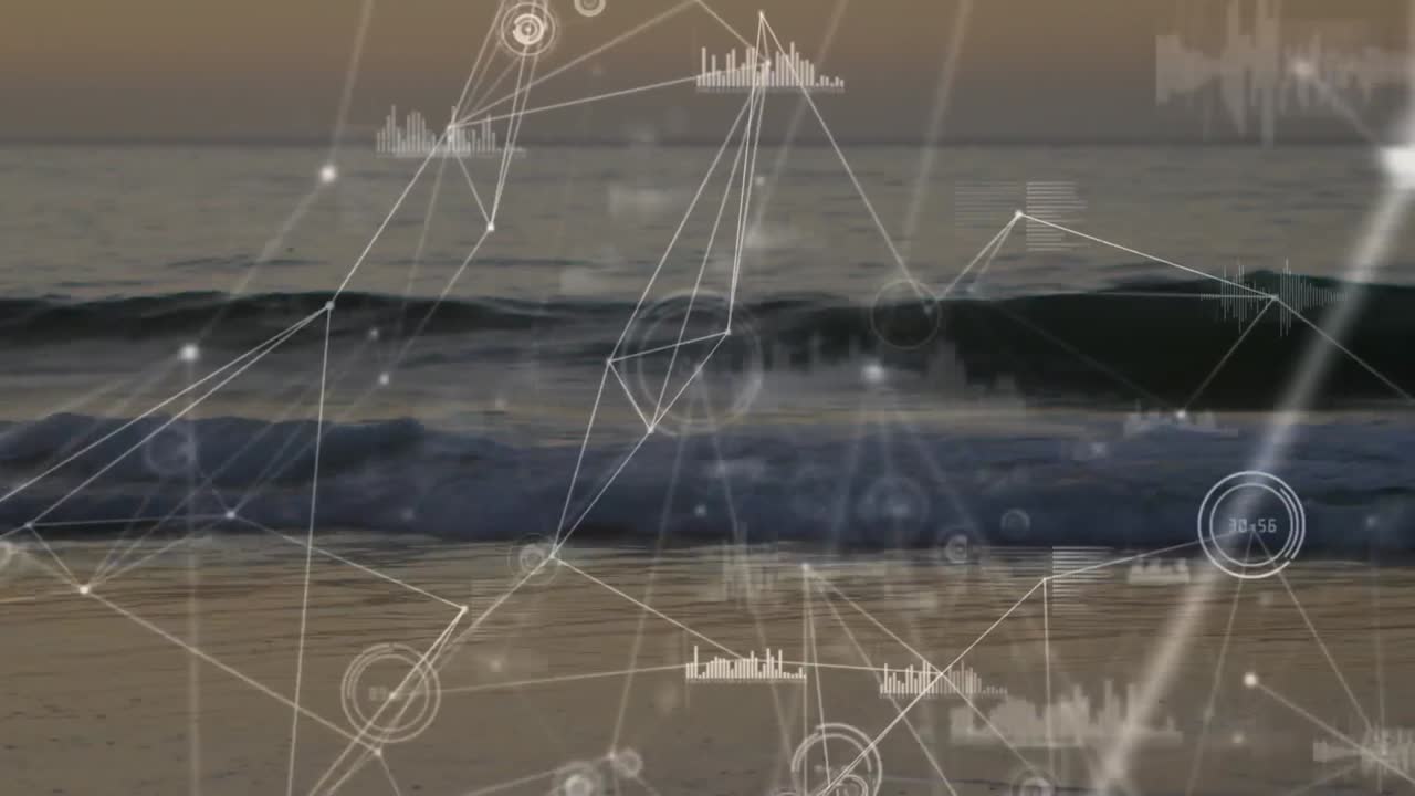 анимация обработки данных и сетей соединений над пустым пляжем