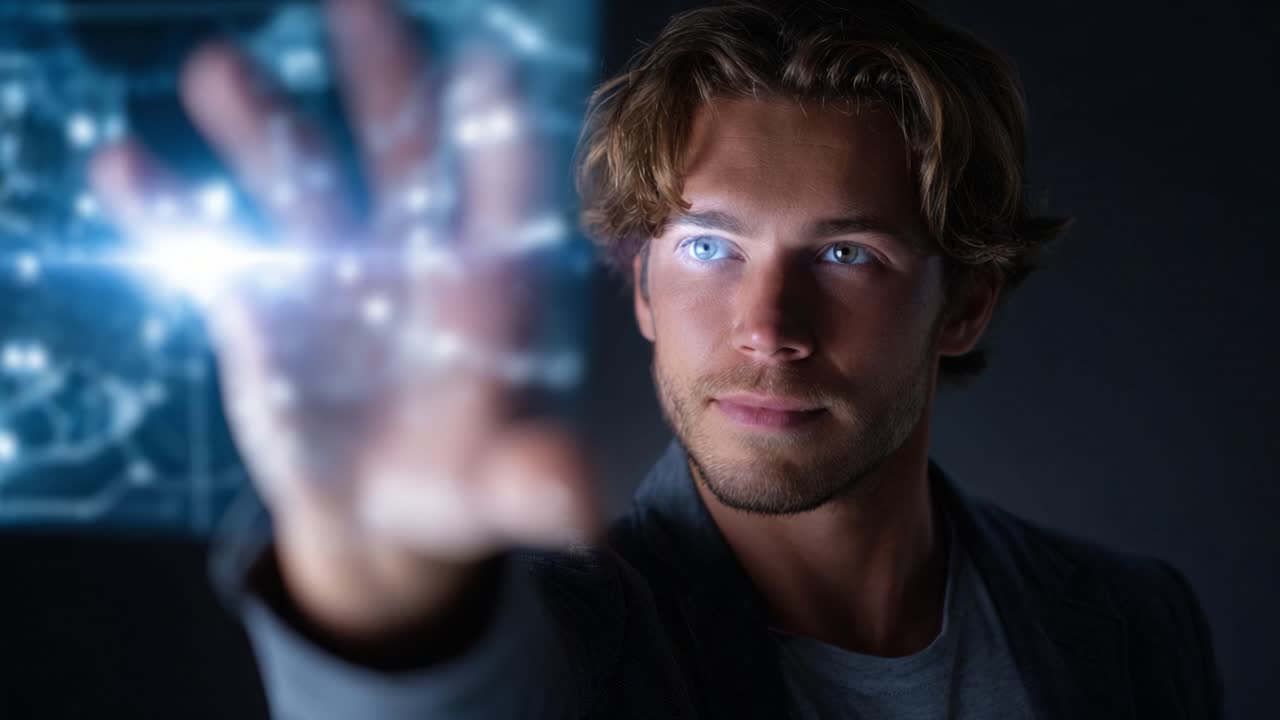 Una persona che si protende con una mano luminosa in un ambiente scuro, mostrando tecnologia futuristica e interazione con ologrammi digitali in un'ambientazione fantascientifica