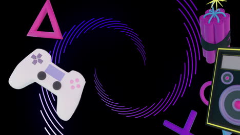 animation of game icons over spinning lines on black background