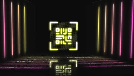 animación digital de código qr amarillo de neón brillante contra líneas brillantes en fondo negro
