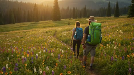 hikers enjoying a scenic journey through a colorful wildflower meadow at sunset, immersed in nature's beauty and adventure amidst towering trees
