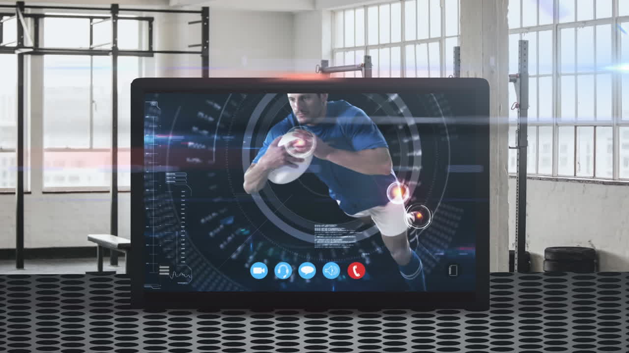 animación de una computadora tablet que muestra a un jugador de rugby masculino atrapando una pelota. propagación del coronavirus.