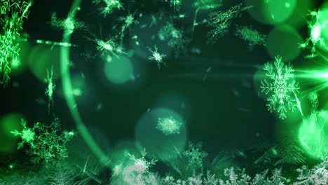 Animation-Von-Weihnachtsschnee,-Der-über-Weihnachtsdekorationen-Auf-Grünem-Hintergrund-Fällt