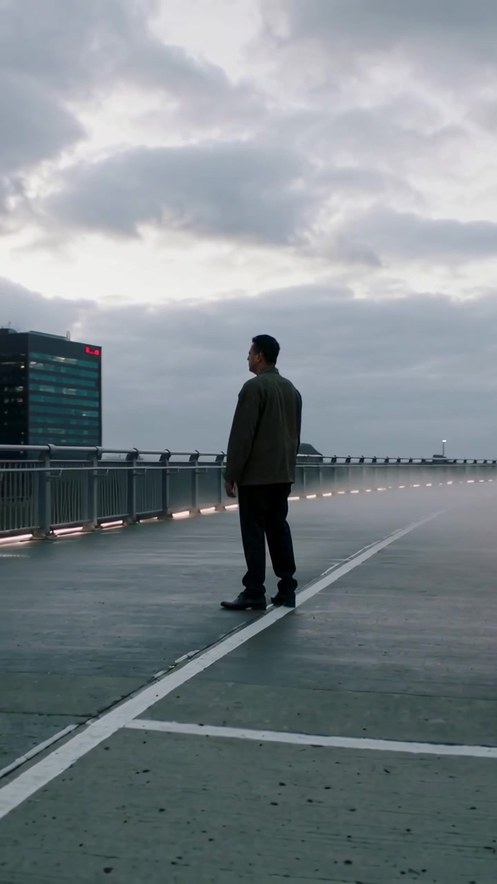 Vertical video: Standing man viewing skyline on roof, camera panning showing railing lights, fog