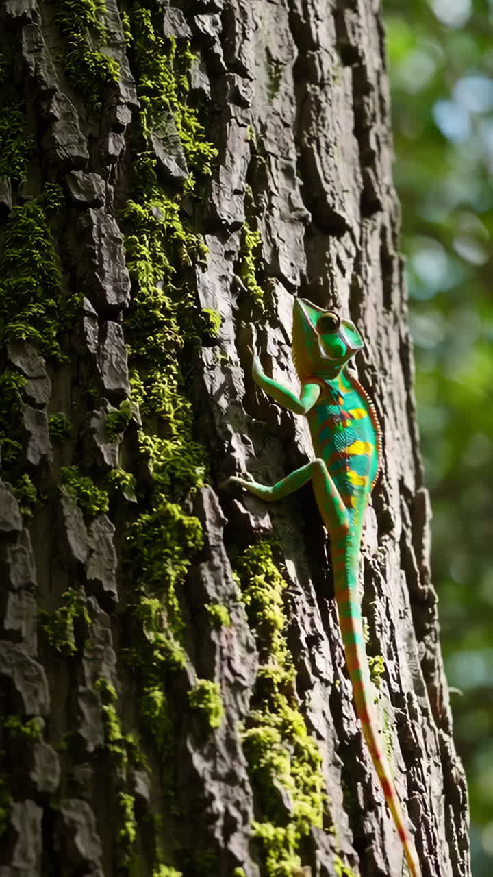 Colorful Chameleon on Tree Trunk