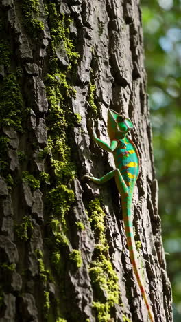colorful chameleon on tree trunk