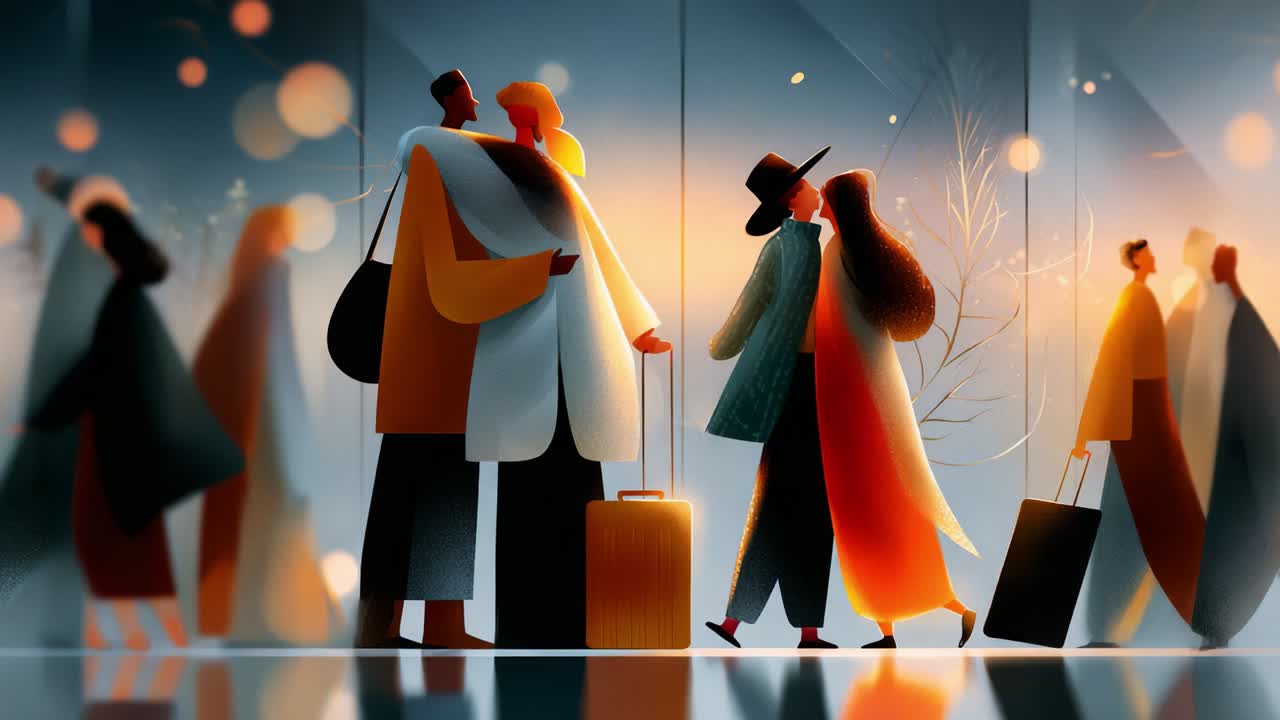 A Vibrant Scene of Travelers at a Transport Hub: Colorful Characters Interact Amidst Soft Lighting, Showcasing Emotions of Departure and Connection in an Urban Setting