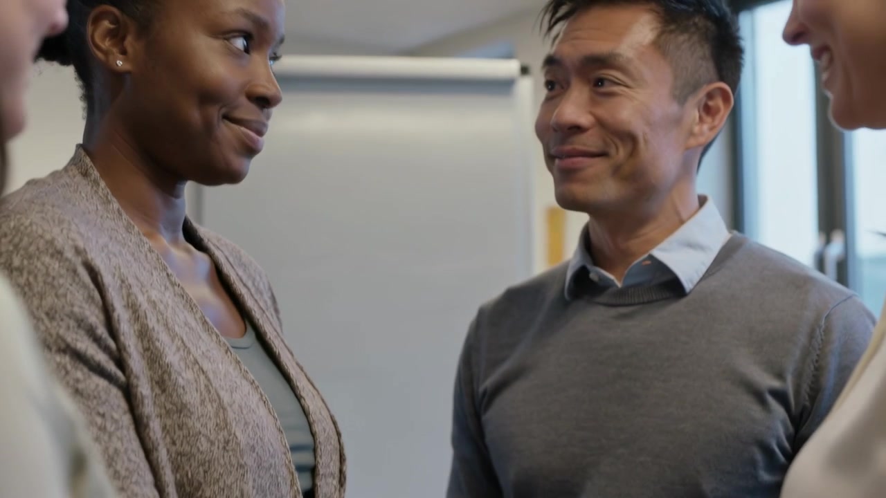 Reaching man in grey sweater touching cardigan of woman in meeting, both smiling near flipchart