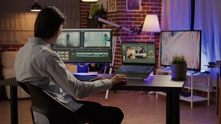 Uomo che lavora all'editing video a casa