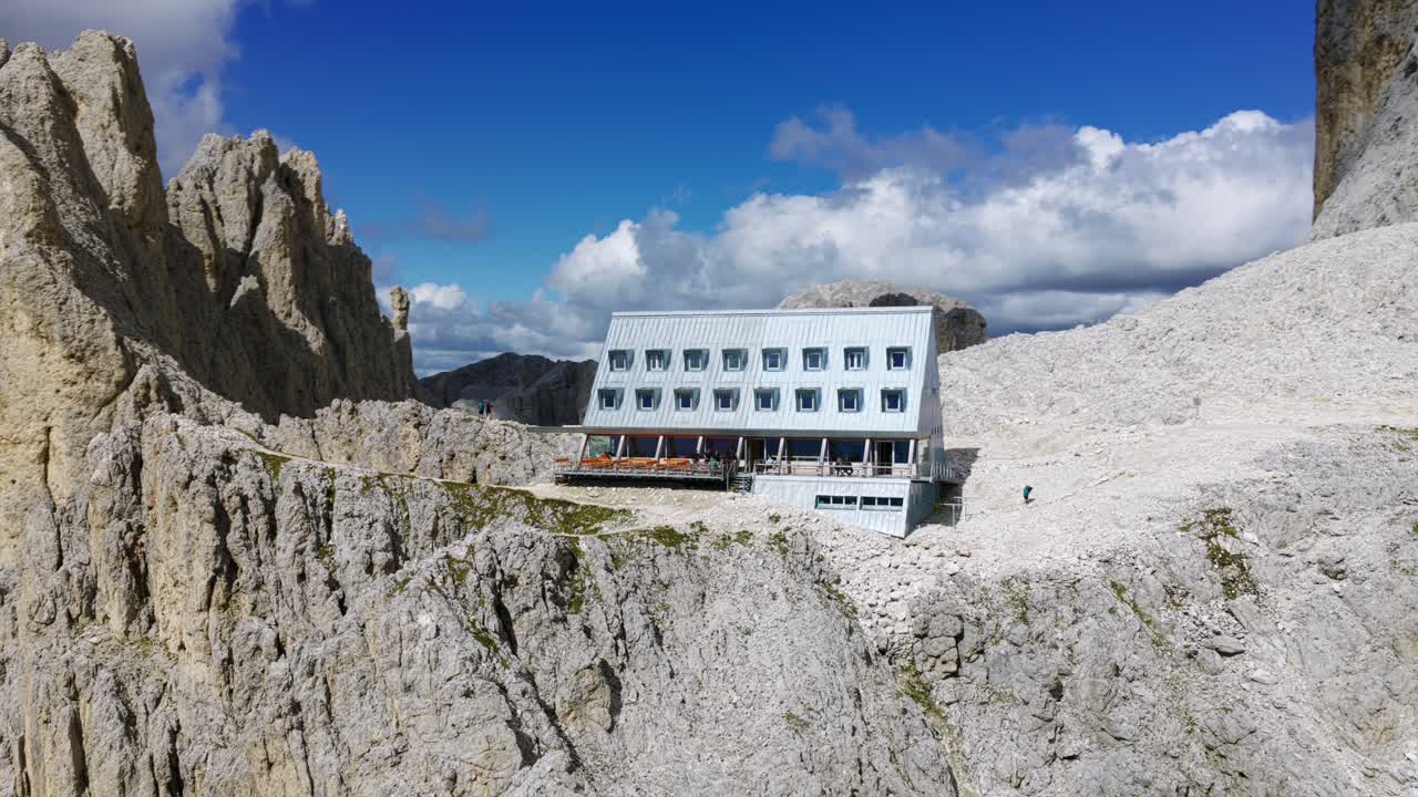 Hut In Vajolet Towers In Italy - Drone Shot