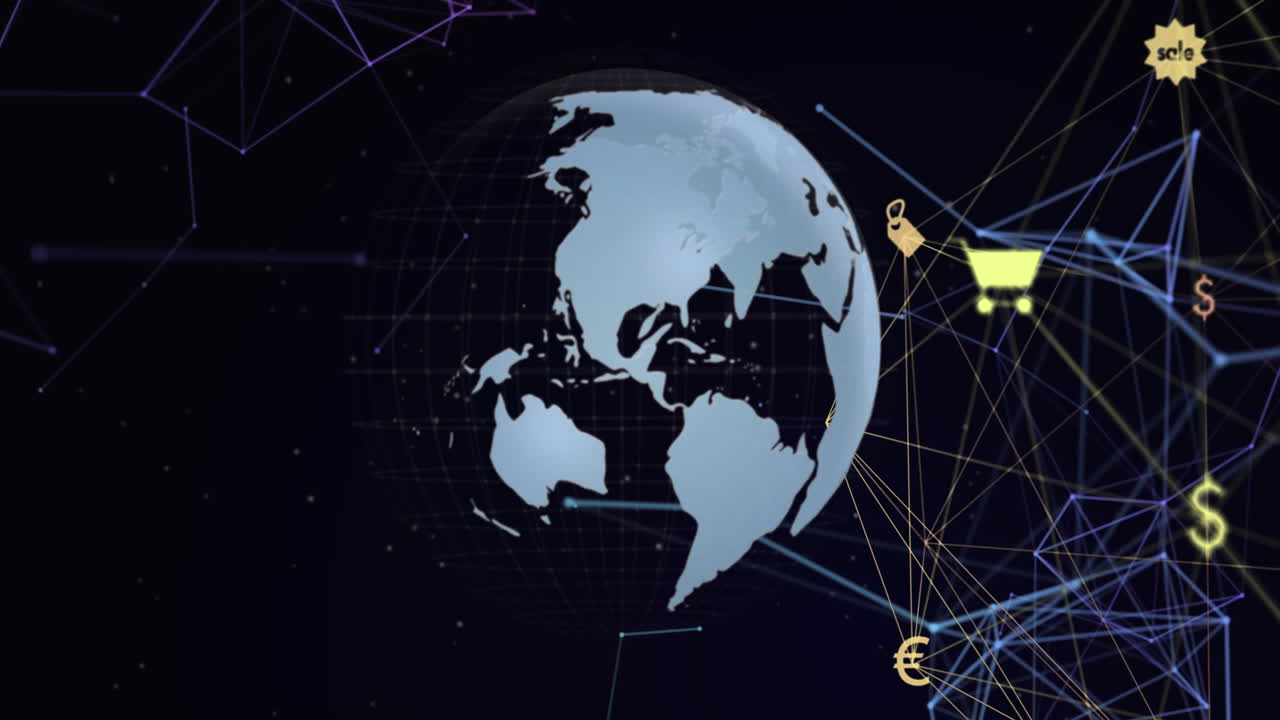 회전하는 지구상에서 쇼핑 아이콘과 연결 네트워크의 애니메이션