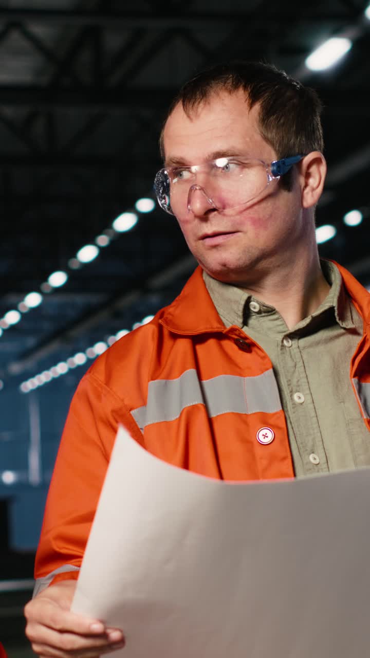 Vertical Video Industrial staff team overseeing fabrication tools in heavy industry plant
