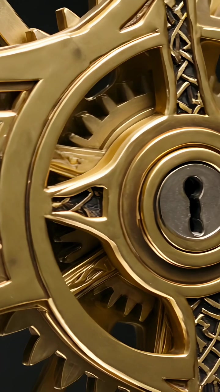 Vertical video: Zooming camera revealing brass gear rotating in studio closeup, revealing keyhole