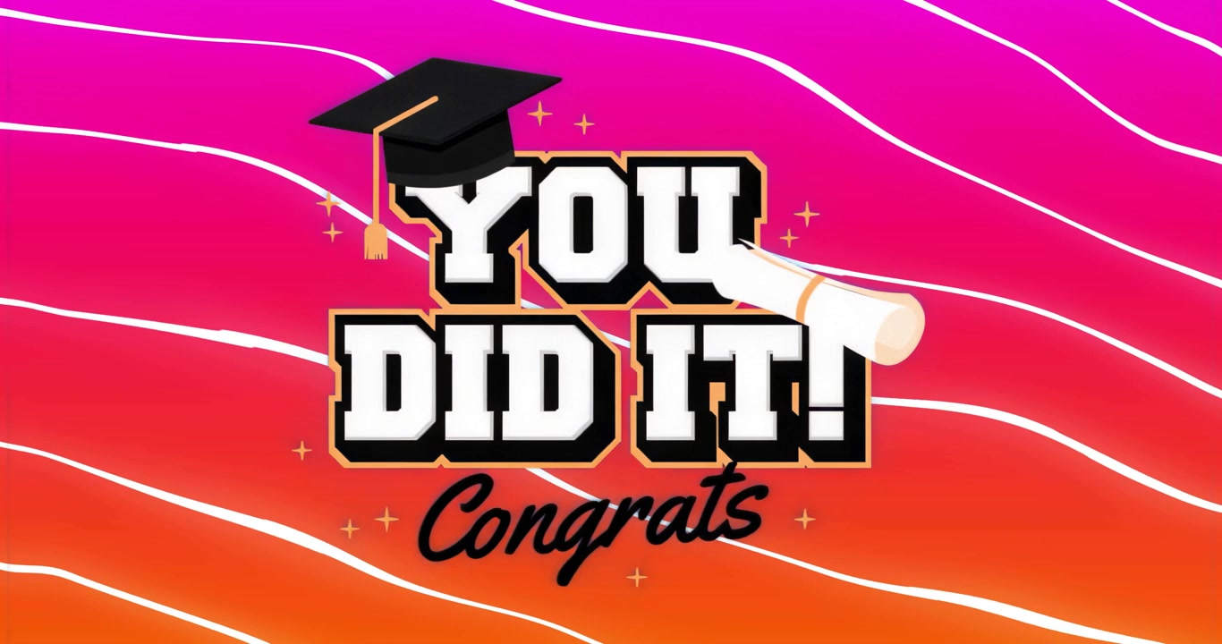 Bij het laden, feestelijk ontwerp dat succes markeert met de tekst 'JE HEBT HET GEDAAN', inclusief een kantelende afstudeerhoed en diploma