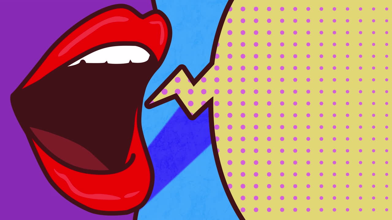 animación de burbuja de habla amarilla retro y boca abierta sobre rayas azules