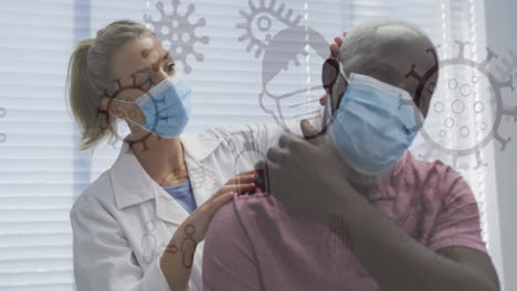 animation of covid 19 cells over female doctor and male patient in face masks