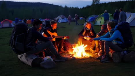 friends camping around a campfire with guitar at night
