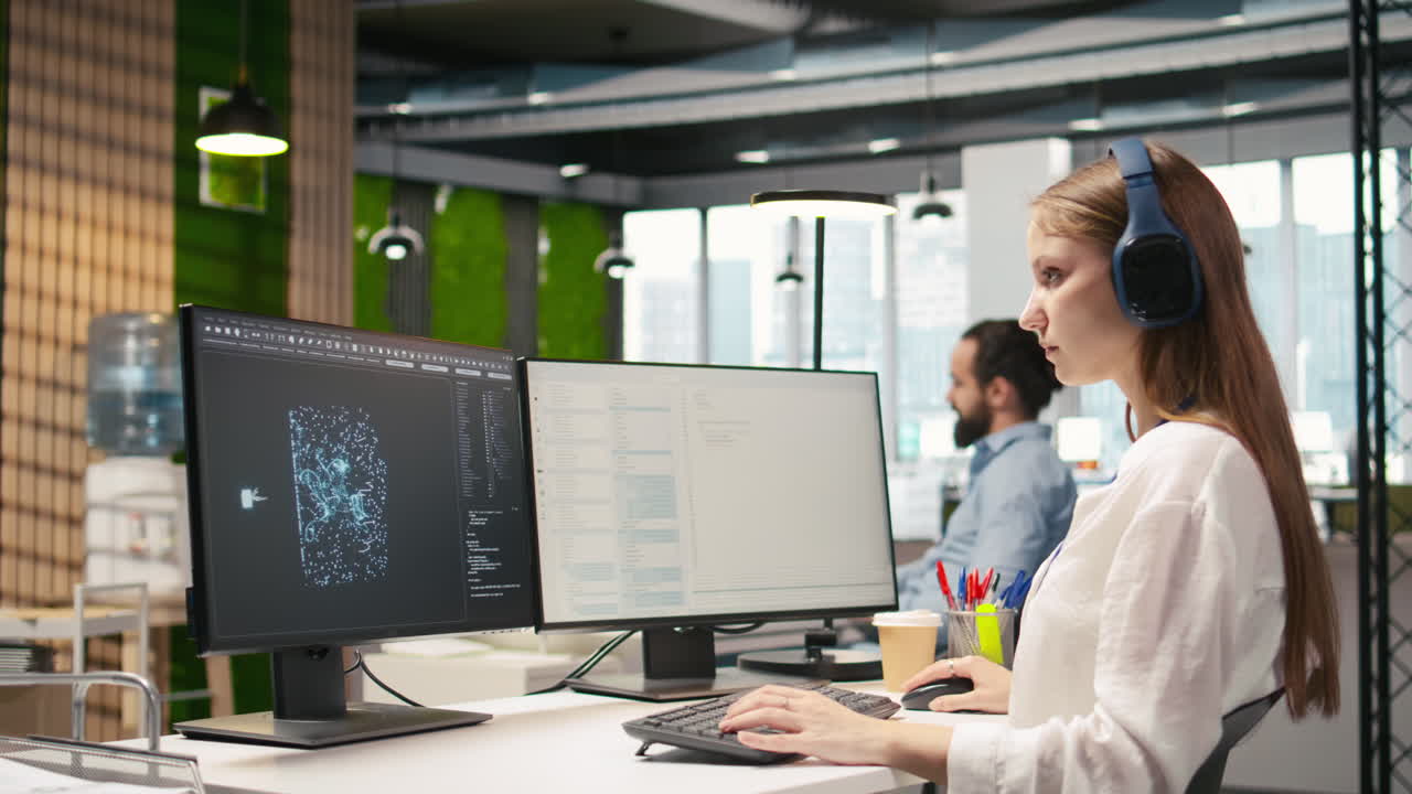 Ingegnere che programma con l'assistenza di un modello linguistico AI in ufficio, ascoltando musica